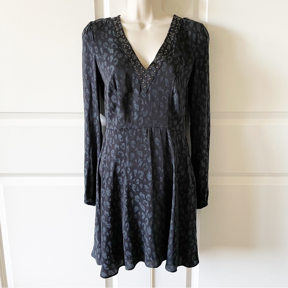 Avec Les Filles Leopard Print Blue & Black Long Sleeve Mini Dress Size XS